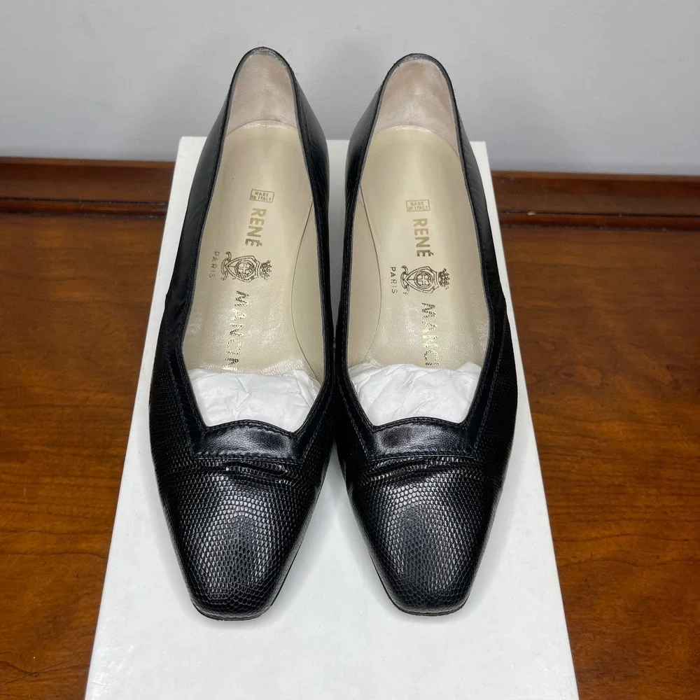 Rene Mancini Paris Black Leather Lizard Embossed Pointed Toe‎ Pumps 34.5/4.5